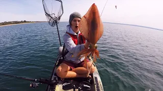 Jigging GIANT Squid! Kayak Fishing ULTRA Clear Waters!