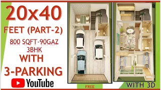 20x40 house plan with car parking PART-2 and 3d elevation/800sqft/90gaz/6x12m/72sqm