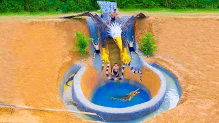 Build Swimming Pool Water Slide Eagle Around The Secret Underground House - Primitive Survival