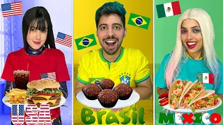 QUEM COMER MAIS COMIDA DOS PAISES DA COPA VENCE VS BATGIRL, ARLEQUINA E CORINGA!!