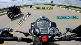 RE Hunter 350 Vs Yamaha R15 v3 Vs Classic 350 : Drag Race ⚡ ¦ R15 v3 vs Hunter 350 Drag Race 🏁