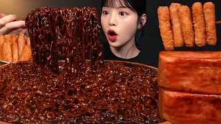 Jjajang Ramen with Fried Spam Sticks and Grilled-Spam Mukbang Asmr