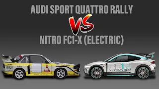 1070bhp Nitro FC1-X electric rallycross vs 37 year old Audi Group B rally car - Who wins?