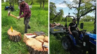 Holz spalten mit Keil und Hammer, Abtransport mit Solis 26