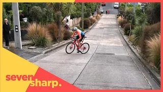 Does this cyclist make it up the steepest street in the world?