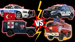 USA vs TURKEY Police, Ambulance, Fire Truck Siren Horn Sound Variations in 63 Seconds