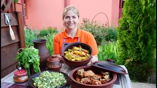 Delicious peasant-style POTATOES with Chicken in a pan. Onion salad. Cooking lunch in the village.