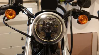 Harley Iron LED Halo Headlamp Replacement and Comparison to Stock Headlight