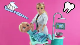 Sugar Bugs! ELSA toddler has a toothache. BARBIE is the Dentist!  ANNA plays (Toys Chest - Dolls)