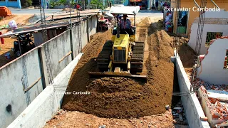 Dump Truck Working Unloading Sand Making Foundation House And Bulldozer Working Moving Sand To Box