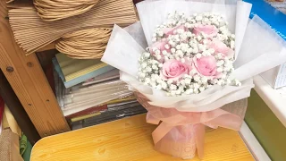 How to wrap a flower bouquet | Pink Roses Baby Breath | Huamama