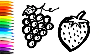 Drawing, Coloring, Painting Grapes and Strawberry For Kids & Toddlers / How to Draw Easy Fruits