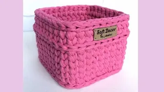 Knitted yarn square basket | We knit crochet | Сrochet square basket (еnglish subtitles)