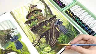 Witch and Treehouse / Gouache Painting / Relaxing Painting Video / Paint with Me / Gouache Landscape