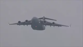 (WEF 2018) US Air Force Boeing C-17 push back, start up, taxiing and take off at ZRH with live ATC