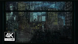 4K Batman Gotham city window view -  Relaxation, Sleep, Night rain, Study, Ambience, Cosy (asmr)