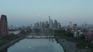 Empty Frankfurt am Main Skyline in early morning light reflecting in Skyscrapers with Main River and