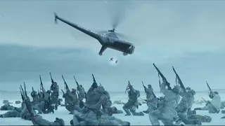 The corpse on the icy surface suddenly turns around and opens fire on enemy planes.