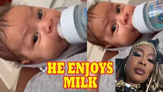 Adorable! Da Brat Sing Lullaby & Her New Born Son Enjoys Milk His Eyes so Beautiful.