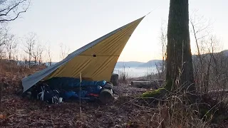Overnight in the TARP shelter on the castle ruins/Cooking on Trangia/Rain, fog, freezing and sun