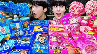 ASMR MUKBANG |  BLUE VS PINK FOOD JELLY CANDY Desserts (Noodles Jelly, chocolate) Convenience store