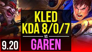 KLED vs GAREN (TOP) | 1.8M mastery points, 3 early solo kills, KDA 8/0/7 | NA Challenger | v9.20