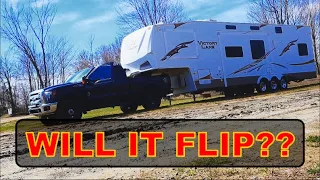 Towing 5th wheel camper in 80km/h SIDE WINDS!! Picking up THE NEW TRAILER!!