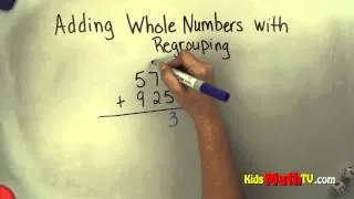 Addition of whole numbers with regrouping, 3rd grade math lesson