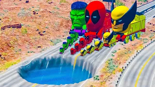 Big & Small DeadPool & Wolverine & Hulk vs Water Pit & Train Thomas  | BeamNG.Drive