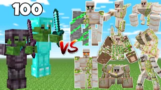 All Iron Golem Vs 100 ZOMBIES - full netherite, diamond Armor with Sword - which iron golem defeat