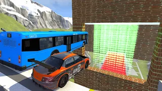 High Speed Jumps Through Green Freeze Gas Wall In Red Slime Pool - BeamNG drive Crazy Vehicle Jumps