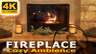 Fireplace 4K   with Music & Crackling - Traditional Christmas Harp - Cozy Christmas Ambience
