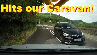 BMW ( YK19VEE ) nearly ends family holiday hitting caravan