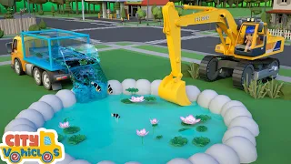 Construction vehicles build a garden pond — for kids