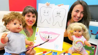 Çocuklar için eğitici video. Oyuncak bebek ile diş sağlığı eğitimi. Evcilik oyunu.