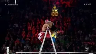 Kalisto Salida Del Sol on a ladder and Sin Cara swanton bomb on ladder