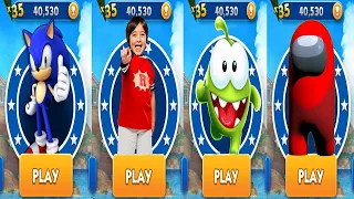 Sonic Dash vs Om Nom Run vs Tag With Ryan vs Among Us Rush - All Characters Unlocked & Upgraded