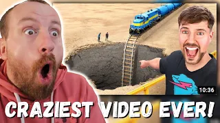 CRAZIEST VIDEO EVER! MrBeast Train Vs Giant Pit (FIRST REACTION!)