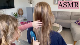 My 6 year old sister tries ASMR 💕 (relaxing hair play, hair brushing, spraying, styling, whispering)