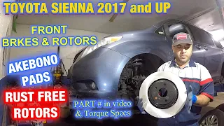 How to replace front brake pads and rotors on Toyota Sienna 2017 and up, AKEBONO brake pads