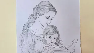 How to draw a mother with her daughter reading a book by pencil ✎