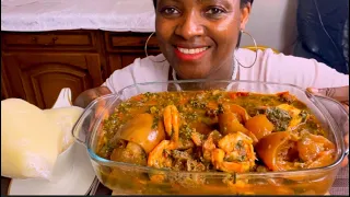 African food shrimp + cow legs +vegetable soup with Fufu mukbang /eating sounds/eatingshownotalking