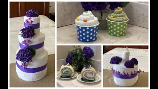 4 Ideas Folding Towel Origami- Cake, Cupcake and Sweets