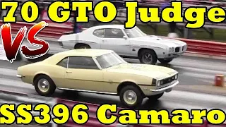 WHICH IS FASTER ?? 1970 GTO Judge or 1968 Camaro SS 396 L89  - Muscle Car Drag Race - RoadTestTV®