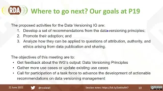 IG Data Versioning Roadmap to develop actionable guidelines from the data versioning.RDA P19