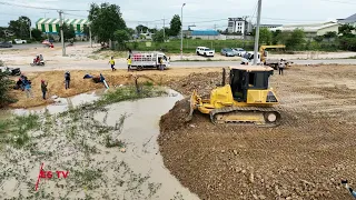 New Project Land Filling Up By Mini Bulldozer KOMATSU DR 51PX and 5ton Dump Truck Unloading Stone