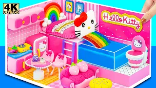 DIY Miniature ❤️ Cute Pink Hello Kitty Bedroom, Bathroom, Kitchen, Living Room with Cardboard, Clay