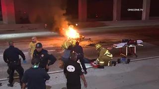 Fiery Motorcycle Crash on Los Angeles Freeway