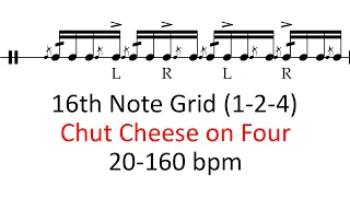 Chut cheese on four (1-2-4 accents) | 20-160 bpm play-along 16th note grid drum practice sheet music