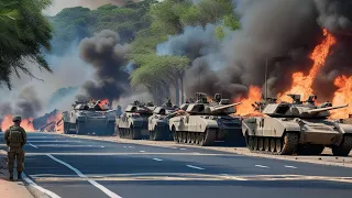 The crew of a Russian T-14 Armata tank engages in close combat with a German leopard tank in Donetsk